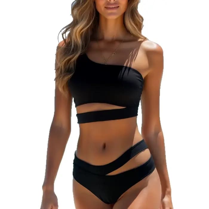 Bikini femme 2026, haut asymétrique vert olive, bas taille haute à découpes latérales, maillot de bain deux pièces uni avec haut court