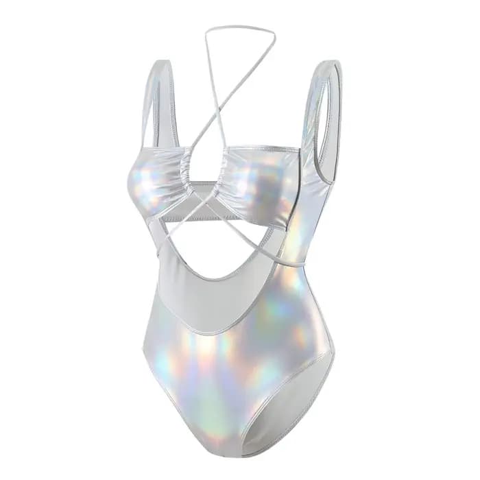 Maillot de bain une pièce métallisé holographique pour femme, dos nu, irisé, avec cordon de serrage et découpes