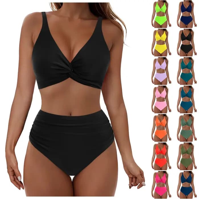 Ensembles de bikinis taille haute deux pièces, maillots de bain conservateurs à col en V pour l'été et la plage, couvrance intégrale
