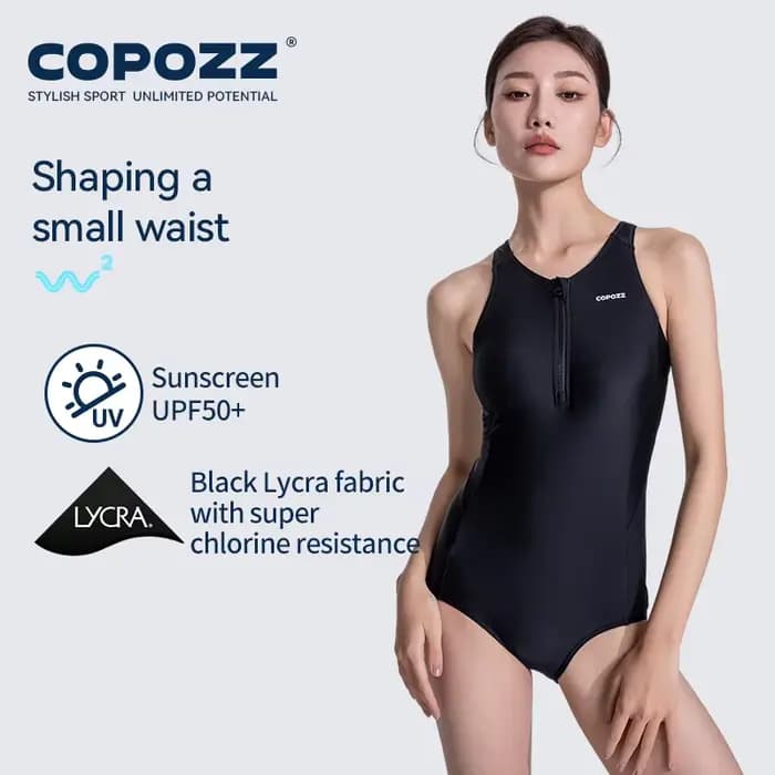 COPOZZ nouvelle femme une pièce maillot de bain solide noir plage sans manches col en V été
