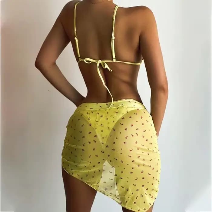 2025 vêtements de plage Bikinis jaune maillot de bain imprimé fleuri maille Cove Ups 3 pièces Bikini ensemble Damen Sexy maillot de bain femmes vêtements de natation