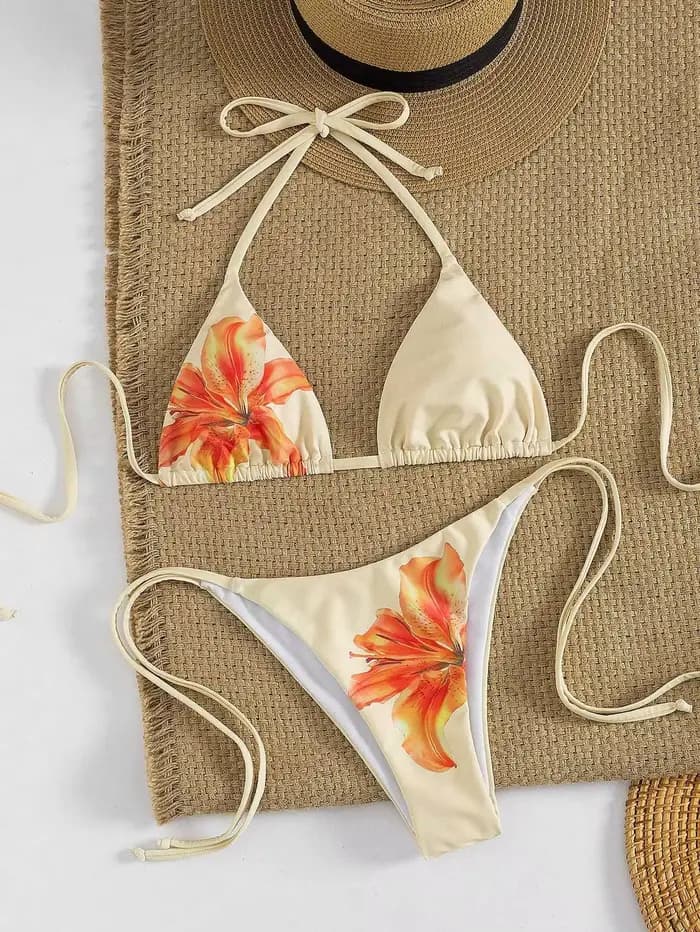 Ensemble de micro-bikinis sexy à imprimé floral, deux pièces, dos noué, string, maillots de bain, tenue de plage, biquini, tankini
