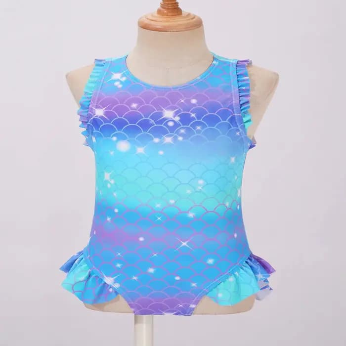 Maillot de bain sirène pour enfants filles, sans manches, imprimé écailles de poisson, à volants, combinaison, piscine, plage, athlétique