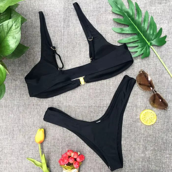 Maillot de bain sexy uni avec fermoir doré, style européen et américain, ensemble bikini deux pièces pour femme, collection été