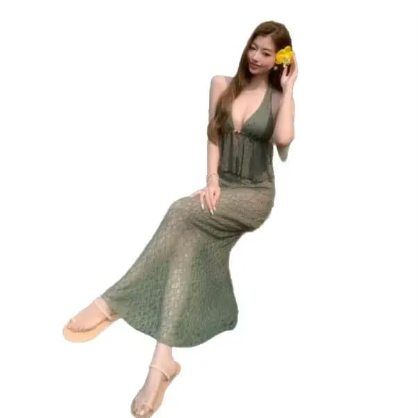 Ensemble trois pièces sexy en dentelle rétro française pour femme, avec bikini, robe longue de plage froncée pour petite poitrine et maillot de bain de vacances, couleur unie
