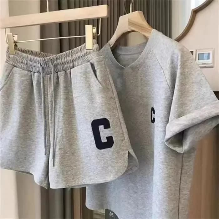 Ensemble décontracté d'été pour femme, style coréen, avec short et haut à manches courtes, broderie lettre C, idéal pour la maison et la mode.