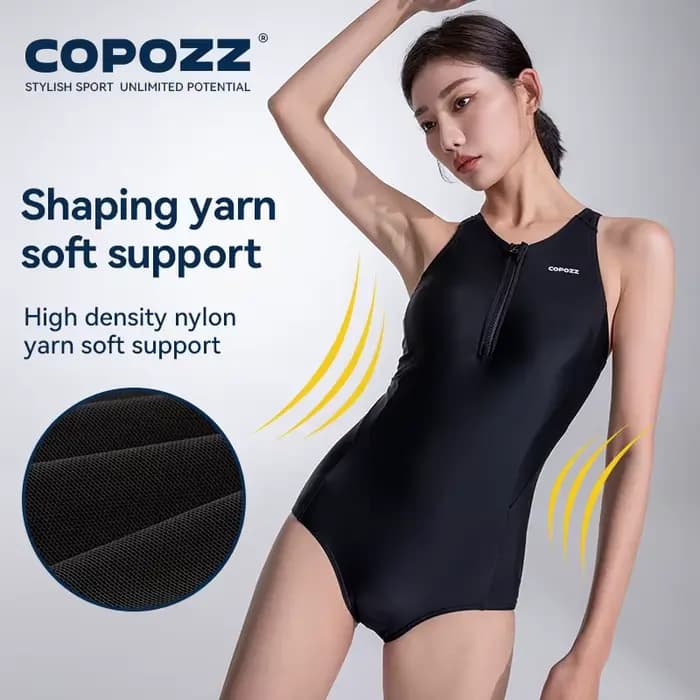 COPOZZ nouvelle femme une pièce maillot de bain solide noir plage sans manches col en V été