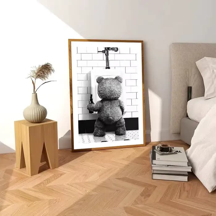 Affiche décorative murale en toile imprimée, motif ours mignon noir et blanc, pour salle de bain, décoration moderne et tendance pour chambre, maison et toilettes