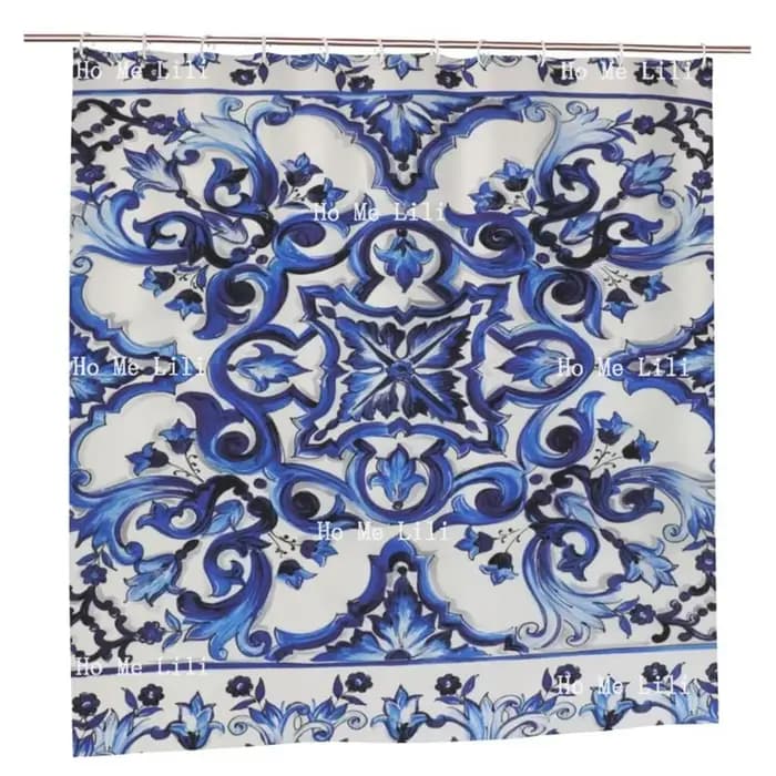 Rideau de douche en tissu à motif bleu marine et blanc, carreaux méditerranéens, décor de salle de bain