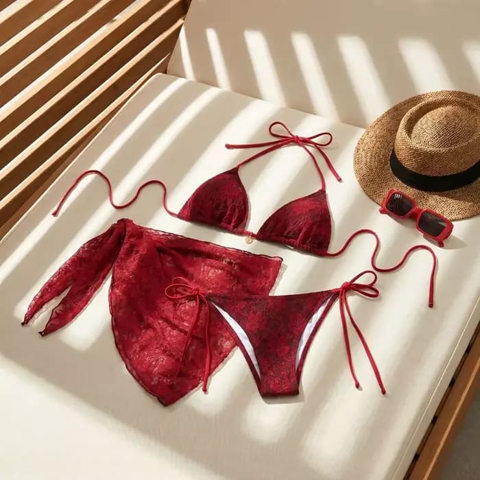 Ensemble de bikini brésilien sexy décontracté à bretelles, jupe de plage en maille, maillot de bain trois pièces en nylon, bikinis en dentelle rouge pour l'été