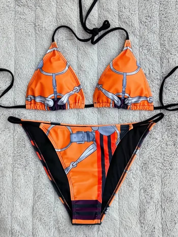 Luxe Sexy Orange géométrie imprimé Bikini 2 pièces ensemble femmes licou élastique string maillot de bain plage