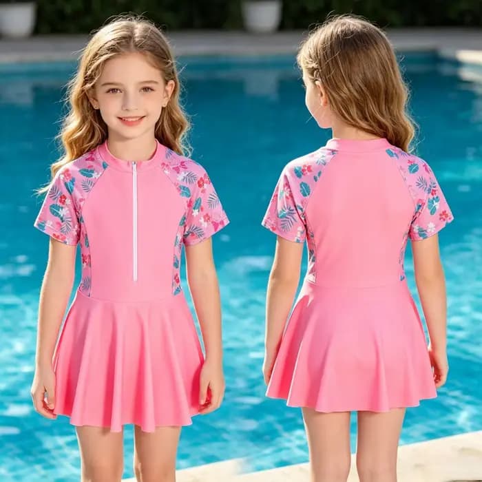 Maillot de bain 2 pièces pour filles, jupe et haut de protection solaire à manches courtes, motif floral, séchage rapide, pour enfants