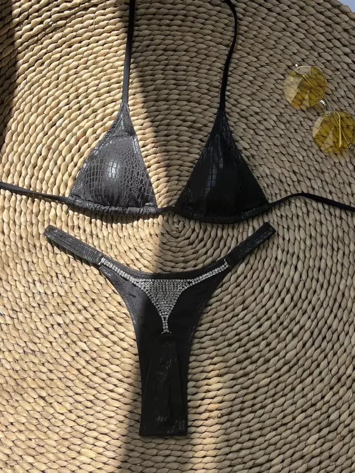 Sexy métallique noir peau de serpent micro bikinis ensembles deux pièces maillot de bain femmes sexy string bikini réfléchissant brillant maillots de bain