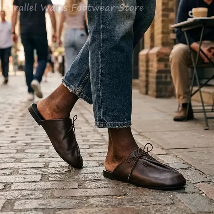 Mules Cyberpunk pour hommes en cuir souple plissé noir et marron, à lacets et sans talon, confortables pour la marche, chaussures décontractées