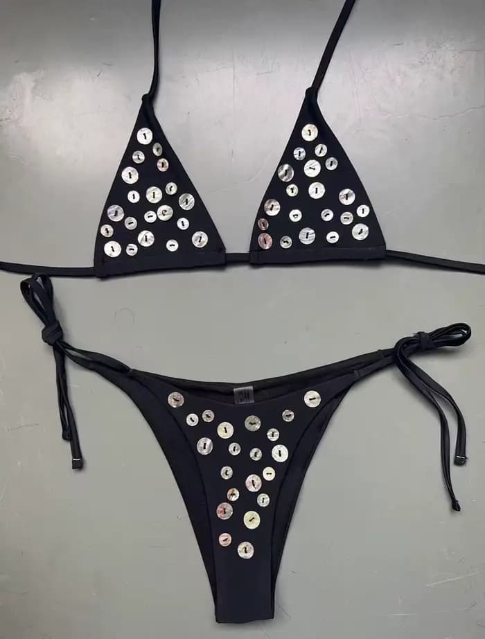 Bikini Sexy Diamanté Effet Bronzant 2026 pour Femme, Maillot de Bain de Luxe Blanc Push-Up à Bandes et String, Micro Maillot de Bain d'Été, Biquini