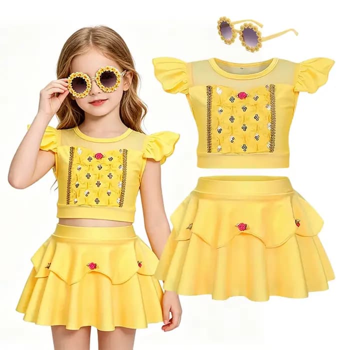 Maillot de bain pour filles sur le thème de Belle, inspiré de La Belle et la Bête, avec broderie florale et lunettes de soleil assorties pour fête au bord de la piscine