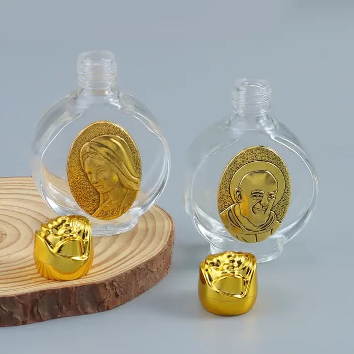 Bouteille d'eau bénite portable en verre de 60 ml pour baptême, cérémonie religieuse, fournitures d'église, couleur or, design Saint Lmage, qualité export