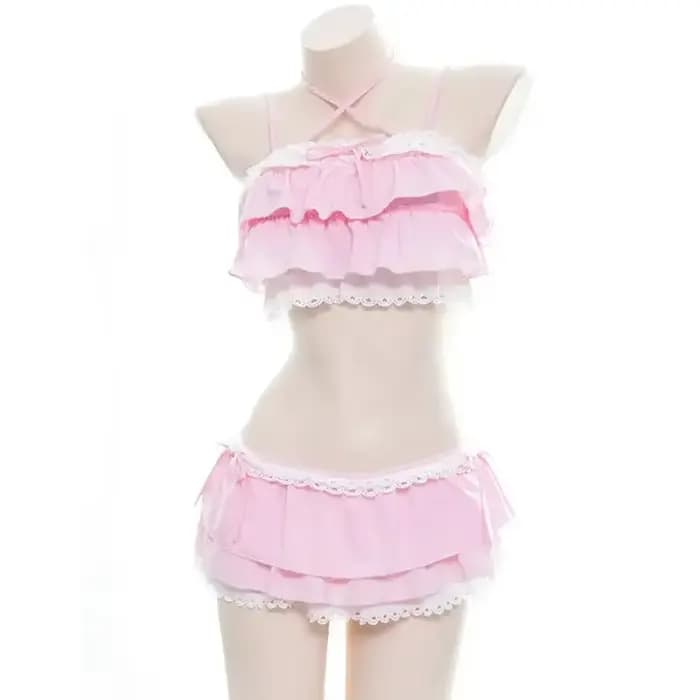 Mignon filles Lolita à volants Bikini Sukumizu Cosplay couleur rose et noir maillot de bain évidé multicouche ourlet Biquini femmes maillots de bain