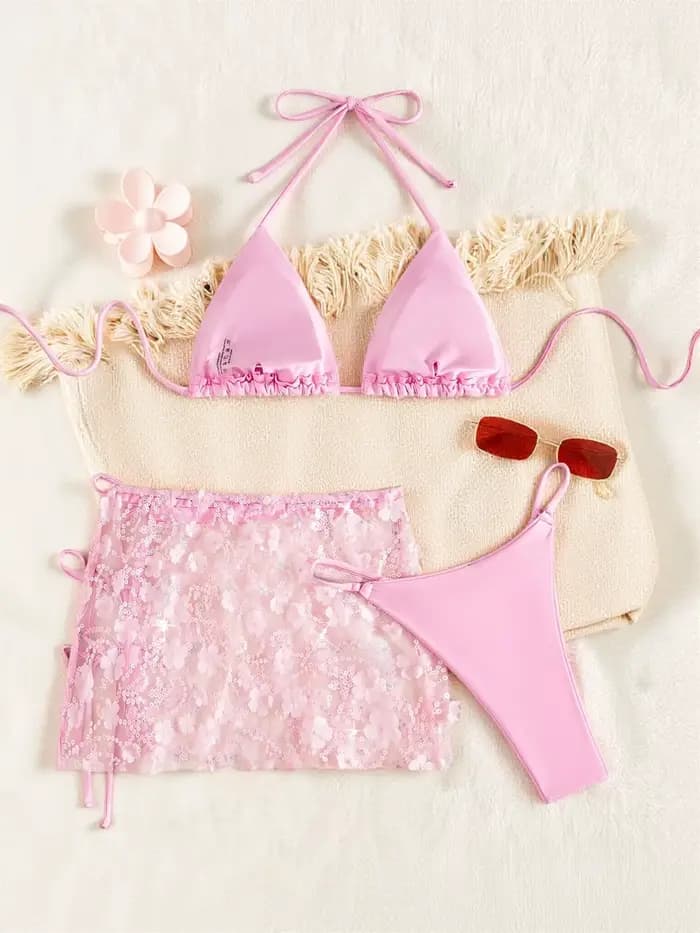 Ensemble bikini 3 pièces rose pailleté en maille brillante pour femme