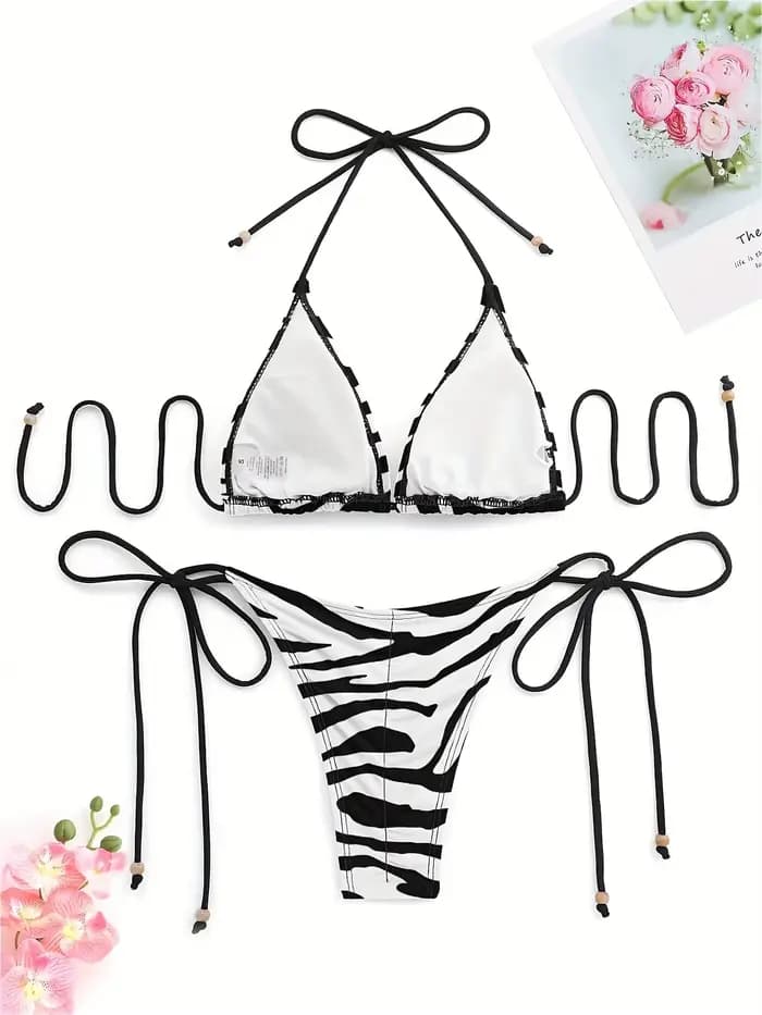 Ensembles de bikini dos nu imprimé zèbre pour femmes, licou d'été, vêtements de plage