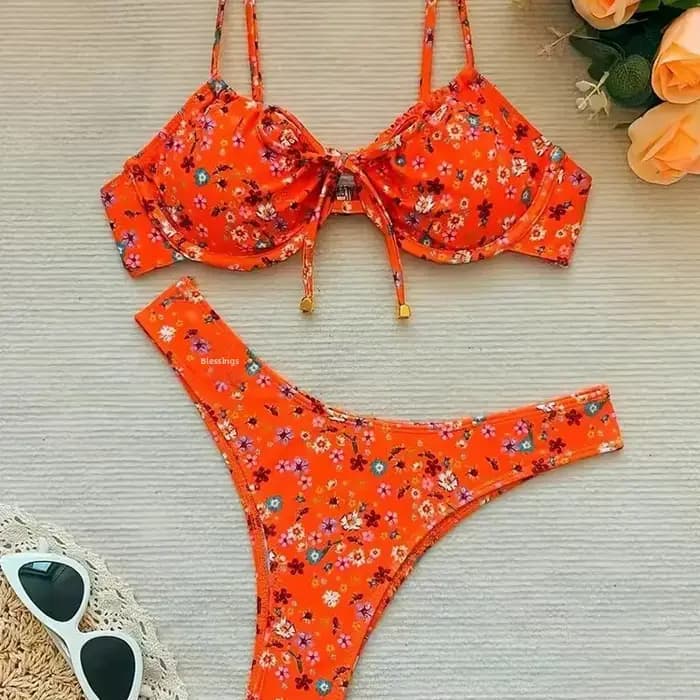 Maillot de bain deux pièces sexy pour femme, dos nu, motif floral, design évidé, bretelles croisées, tenue de plage tendance