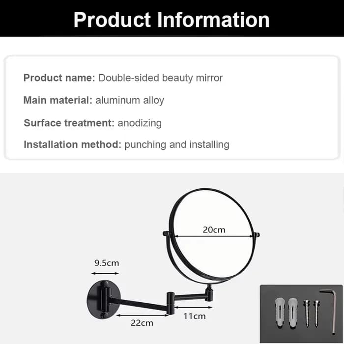 Miroir de maquillage mural peu encombrant, miroir rotatif double face 3X/1X avec cadre en aluminium, design pliable pour salle de bain