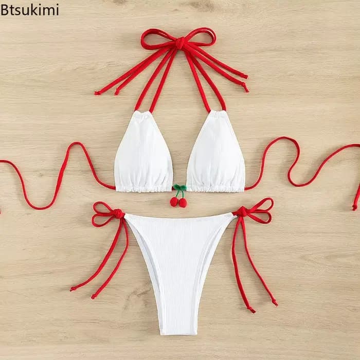 Ensemble de maillot de bain bikini été 2026 tendance sexy dos nu 2 pièces pour femme avec lacets et taille haute pour la plage