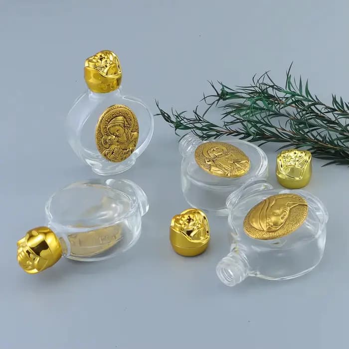 Bouteille d'eau bénite portable en verre de 60 ml pour baptême, cérémonie religieuse, fournitures d'église, couleur or, design Saint Lmage, qualité export