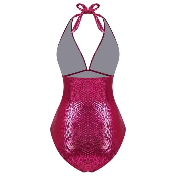 Maillot de bain une pièce brillant pour femme, motif serpent métallisé, dos nu, col en V, à lacets