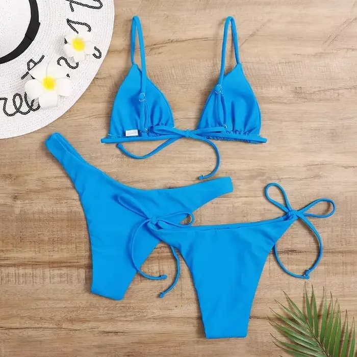 Ensemble bikini sexy 3 pièces pour femme - Maillot de bain triangle push-up à bandes bleu et violet