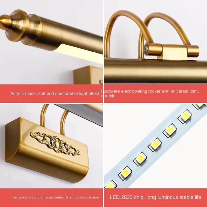Lampe de salle de bain européenne en bronze antique, murale, 8W, 50cm, IP44, étanche, en fer, lumière LED pour miroir, pour le maquillage et l'éclairage de la coiffeuse