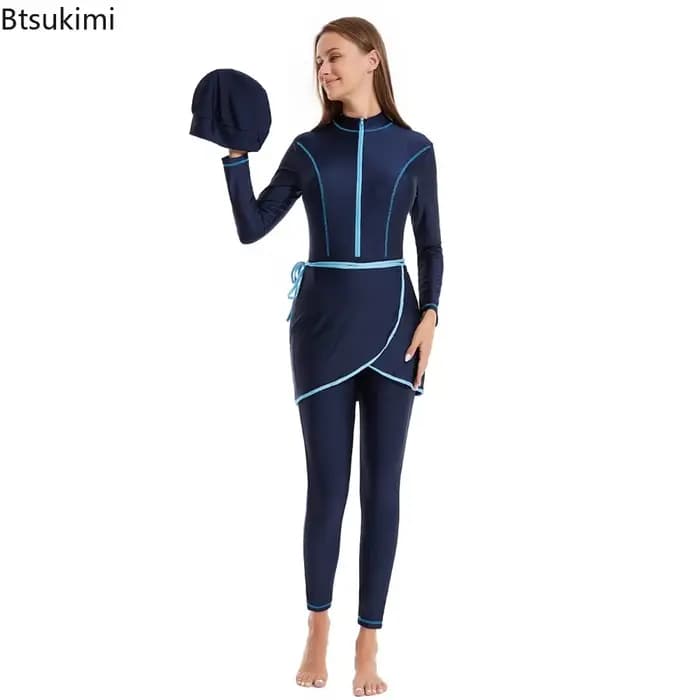 Maillots de bain modestes musulmans 2026 avec hijab, maillot de bain de plage 3 pièces pour femmes, tenue de natation islamique à manches longues pour femmes