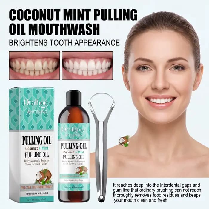 Huile de bain de bouche Coco Menthe pour l'huile pulling, haleine fraîche, éclaircissant, sans alcool, gratte-langue, nettoyage en profondeur, soin des gencives 100ml