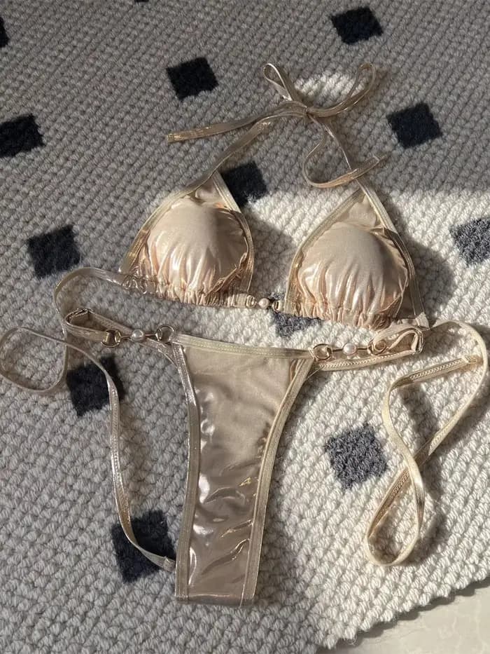 Micro bikini rose brillant 2026 pour femme, sexy, en PU, avec perles, push-up, string, maillot de bain d'été, bandage, pour les vacances