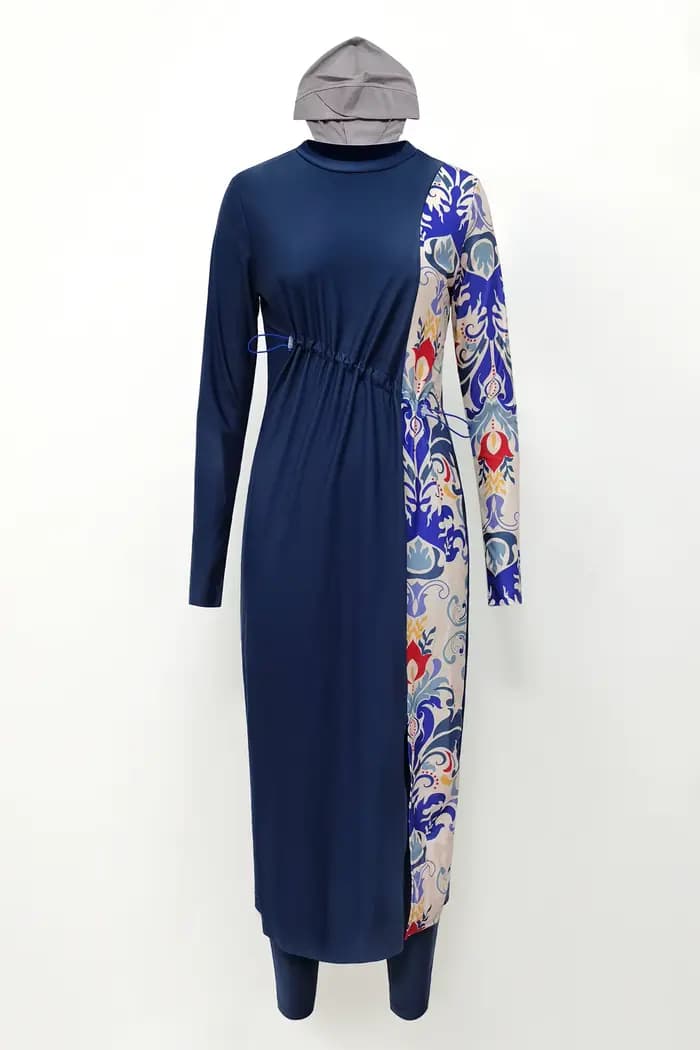 Maillot de bain musulman Burkini pour femmes, ensemble de natation arabe islamique, robe Maxi Hijab, couverture complète, imprimé bleu, Patchwork