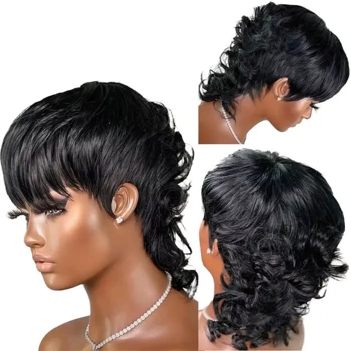 Perruque de cheveux humains 1B, cheveux courts bouclés, coupe Pixie, avec frange, Style mulet superposé, conception sans colle pour femmes, entièrement faite à la Machine