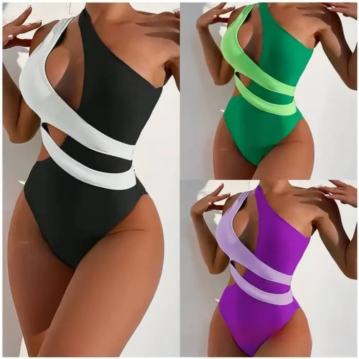 Maillot de bain sexy pour femme, une pièce, asymétrique à une épaule, coupe haute, design color block et découpes, pour l'été et les vacances à la plage