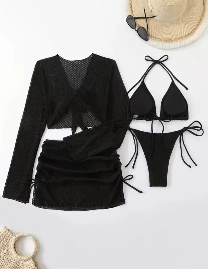 Maillot de bain sexy blanc et rouge pour femme 2026, ensemble 4 pièces avec jupe à cordon de serrage à manches longues, idéal pour la plage et les vacances