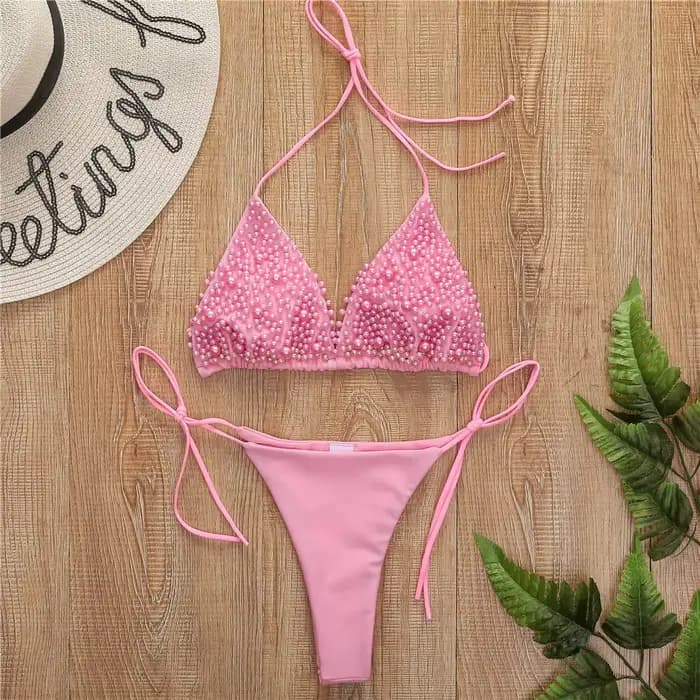 Bikini blanc nacré 2021 pour femme, maillot de bain sexy dos nu à lacets, micro mini rose, ensemble de plage 2 pièces avec string