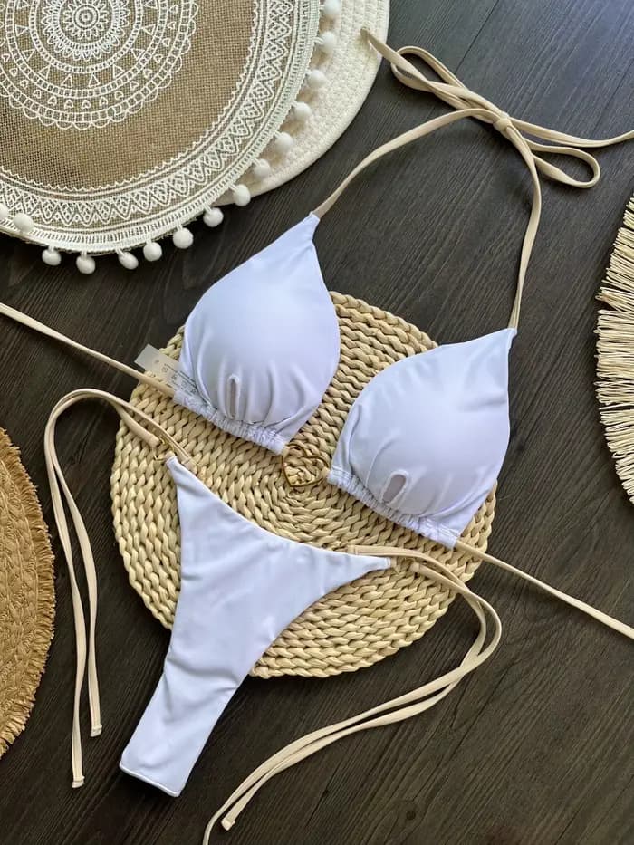 Femmes deux pièces maillot de bain Sexy Bikini blanc maillots de bain féminin Bikinis ensemble réglable maillots de bain femme licou Trikini livraison directe