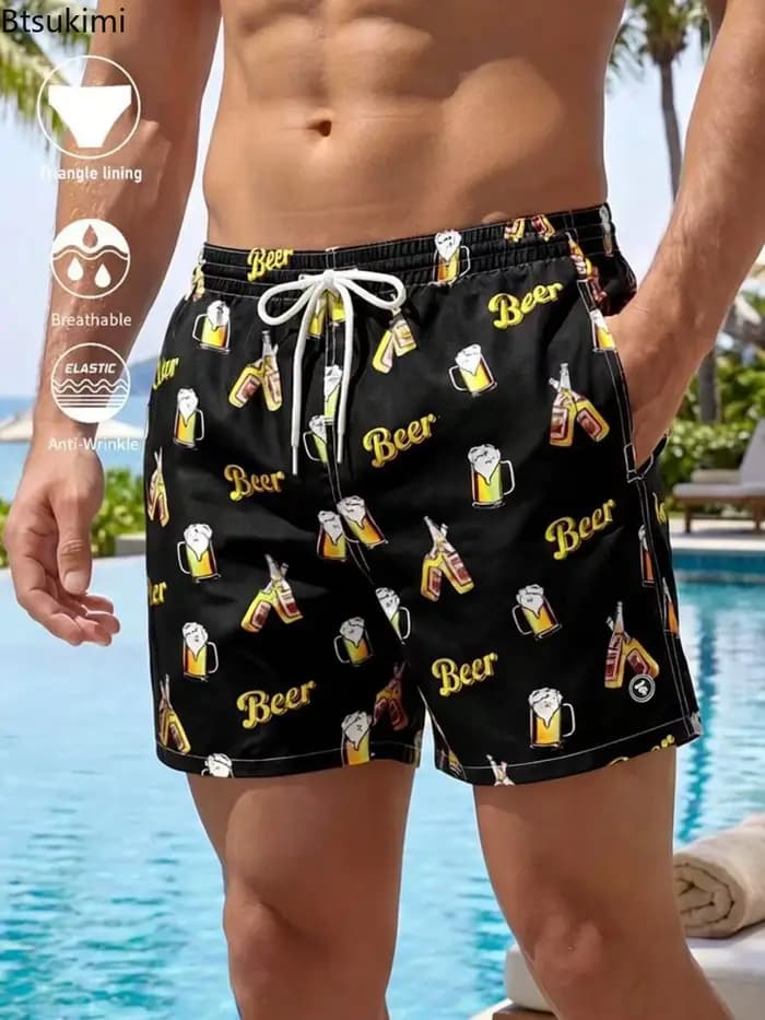 Nouveauté 2026 Shorts de plage décontractés pour hommes, coupe droite ample avec cordon de serrage, imprimés tendance