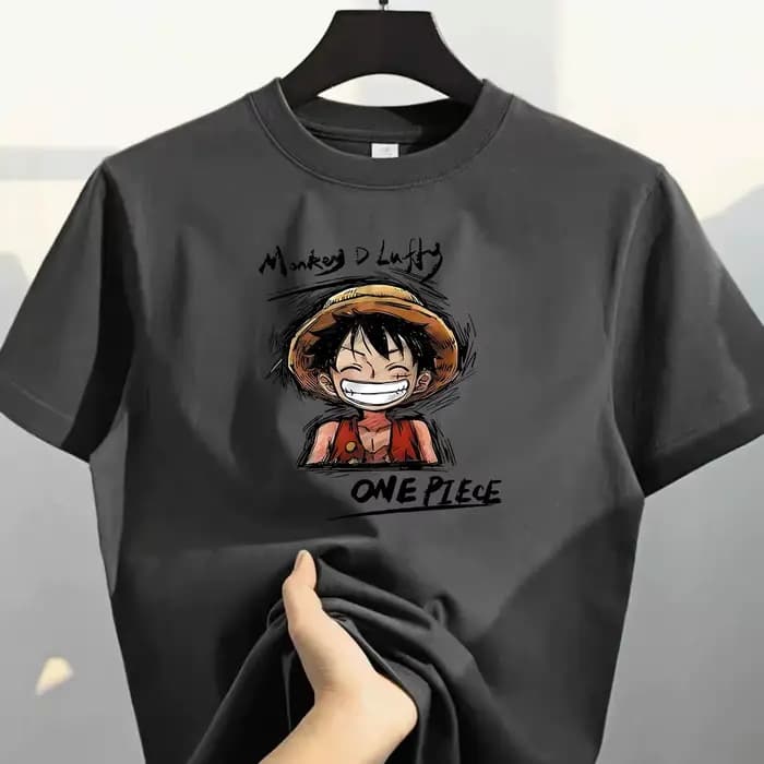 T-shirt en coton pur à manches courtes avec imprimé du personnage Luffy de One Piece, style ample, thème anime