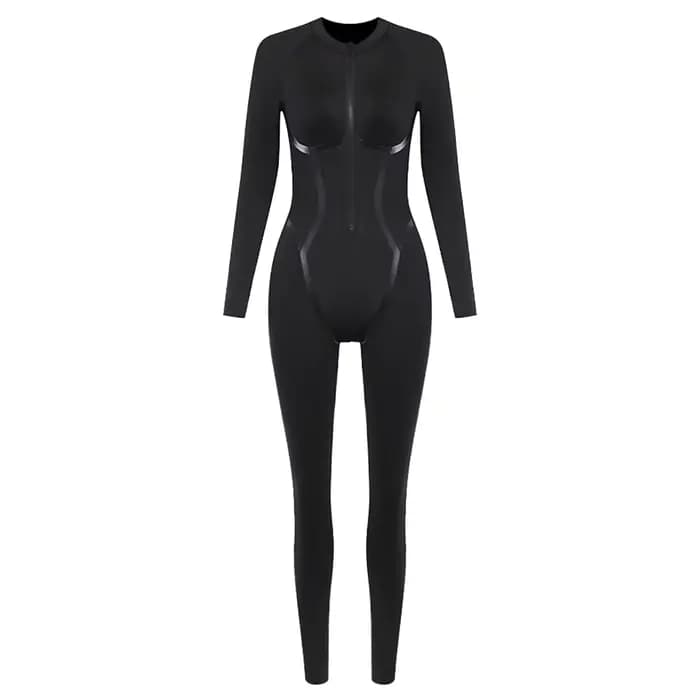 Combinaisons noires sexy à manches longues pour femmes, combinaisons de batterie, col en V profond, fermeture éclair, combishort serré, streetwear chaud, vêtements de sport pour filles, jogging Y2K