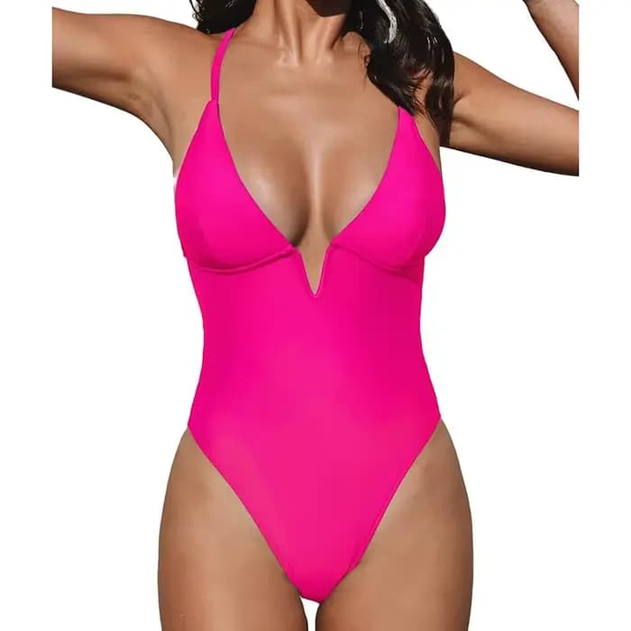 Sexy col en V profond maillot de bain femmes solide maigre jarretelle une pièce