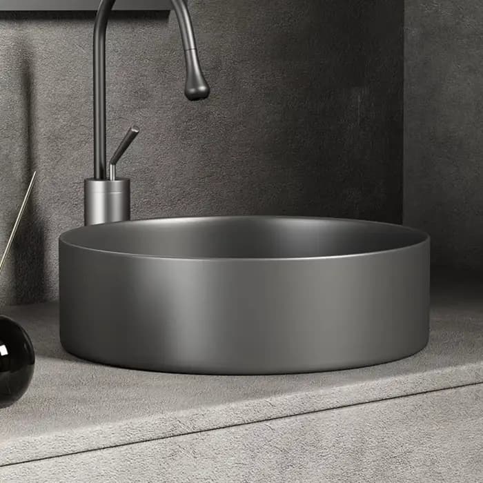 Lavabo de salle de bain moderne en céramique : blanc/gris foncé, finition mate, diamètre 36 cm/14 pouces, adapté à la vanité de salle de bain (sans robinet)