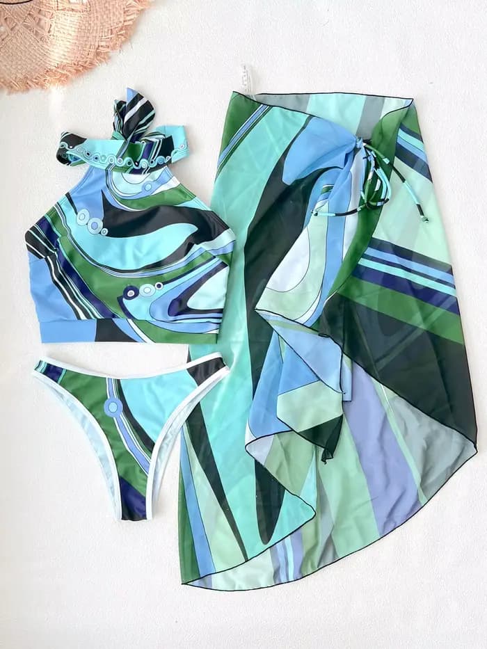 Nouveau Maillot de Bain Deux Pièces Tendance pour Femme 2026 - Design Vert et Bleu Audacieux avec Monokini Halter Unique