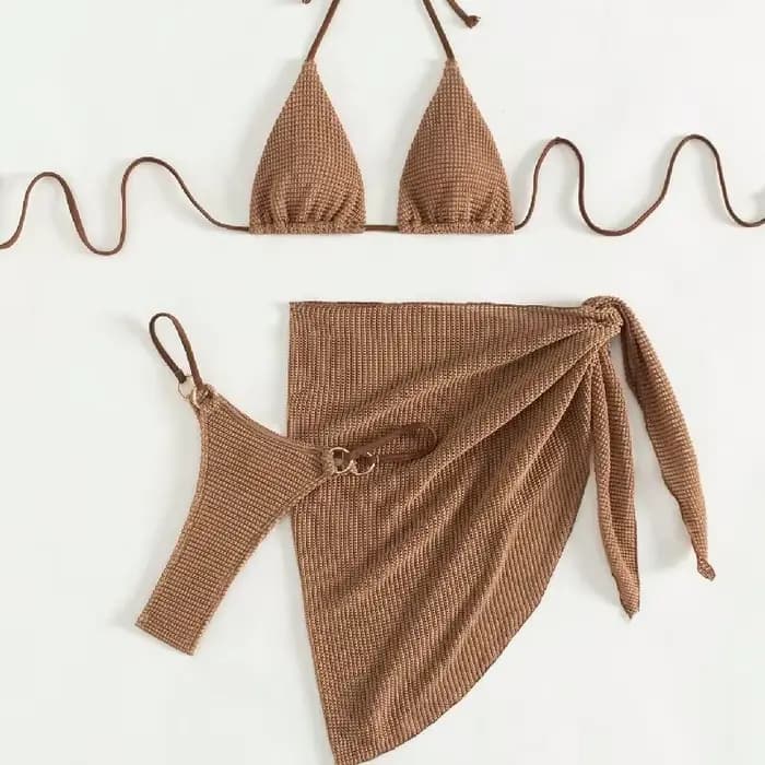 Sexy marron Bikini ensemble 2025 femmes licou Push Up soutien-gorge jupe 3 pièces maillot de bain été
