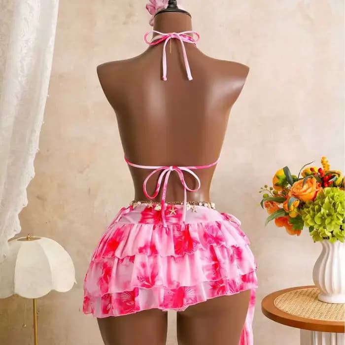 Ensemble bikini 3 pièces pour femme à imprimé hibiscus avec jupe à volants en maille