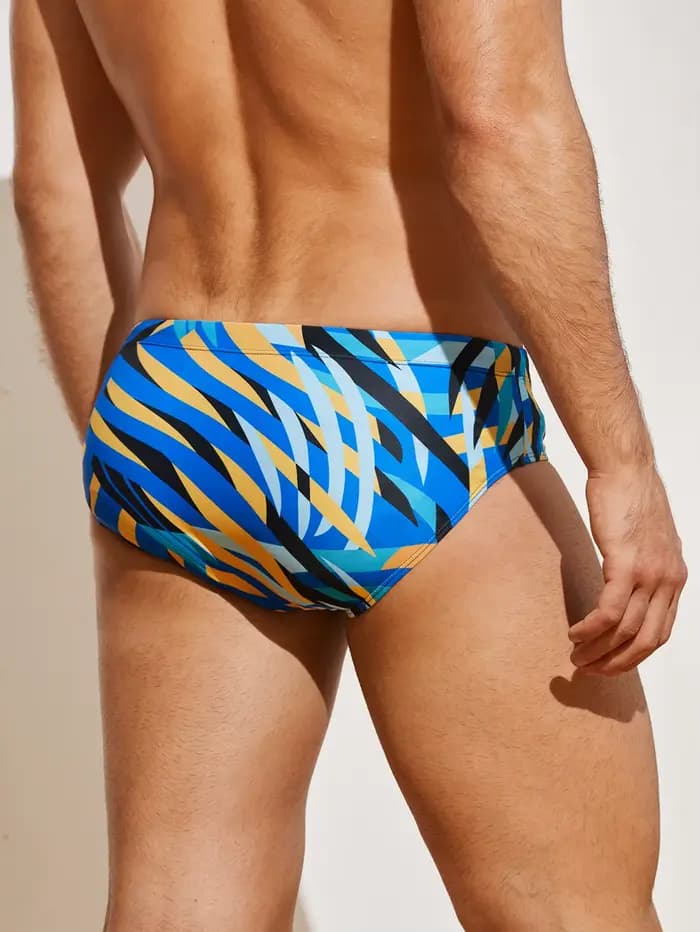 Short de bain sportif pour hommes, coupe triangle, imprimé à motifs géométriques, séchage rapide, adapté aux piscines et aux plages