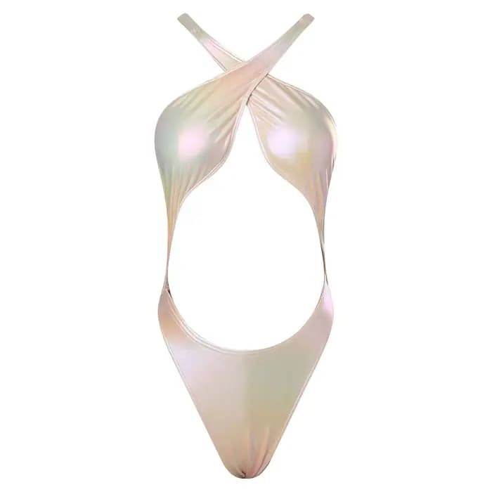 Maillot de bain une pièce métallisé irisé pour femme, dos nu, bretelles croisées avec coussinets de poitrine, body tendance, vêtements de plage une pièce